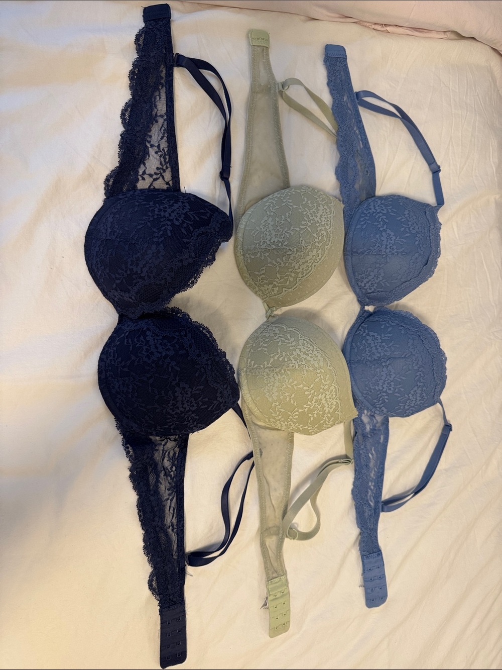 Women’s Secret (3) Lace Push-Up Bras - Navy, Sage, Dusty Blue